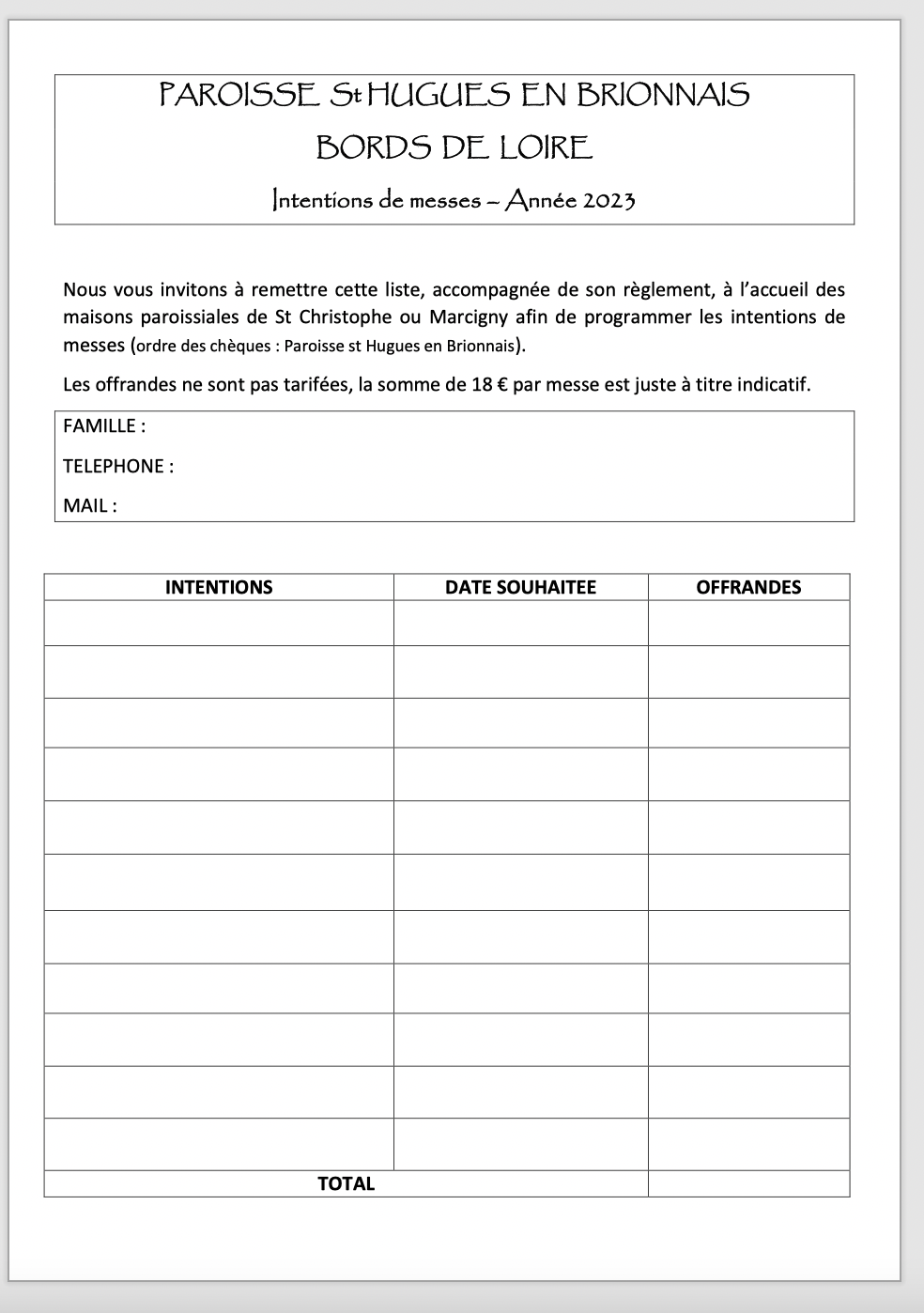 Intentions de messe 2023